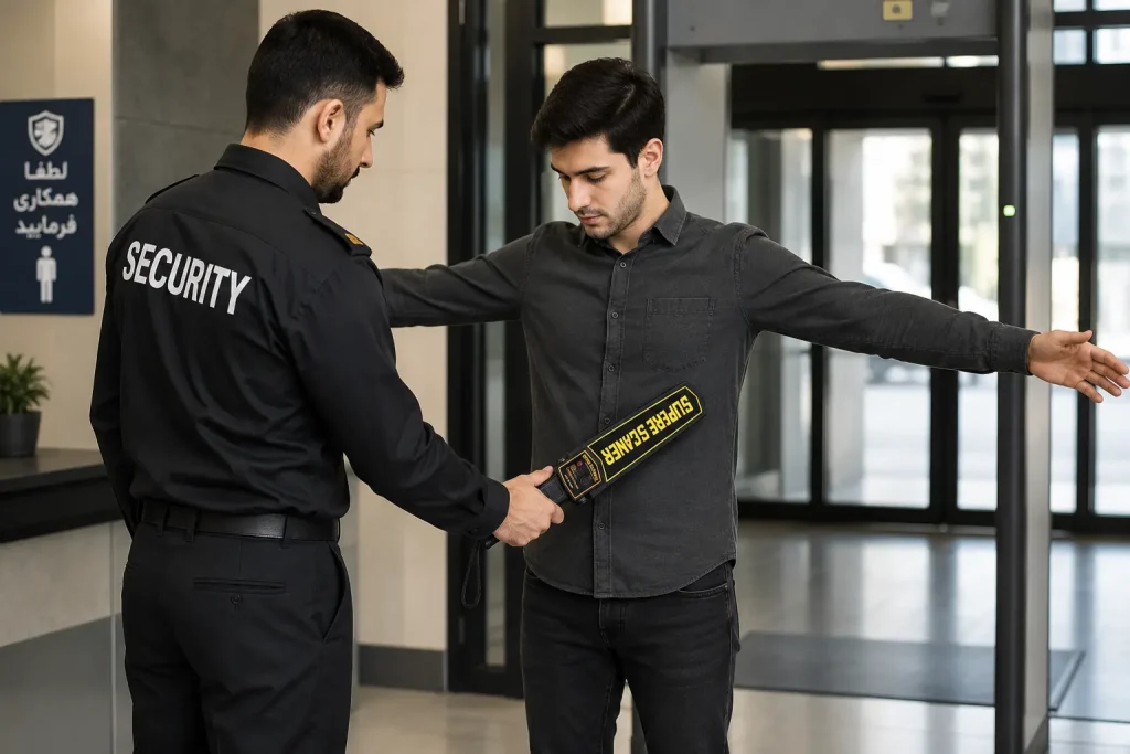 بازرسی بدنی با راکت فلزیاب دستی در ورودی ساختمان